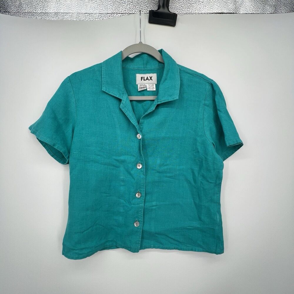 FLAX Womens Linen Short sleeve Button-up Top Sz S Relaxed Turquoise Coastal